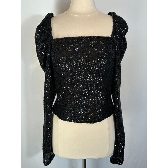 Ramy Brook Black Sequin Square Neck Puff Sleeve Long Sleeve Size 10 MSRP $325 - Picture 3 of 7